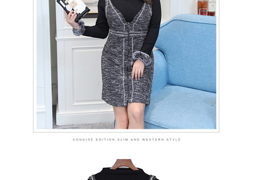 Trendy Gray+black Tassel Decorated Long Sleeves Dress(2pcs),Long Dress