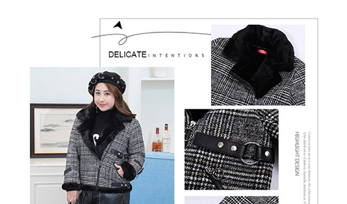 Trendy Gray+black Grid Pattern Decorated Long Sleeves Coat,Coat-Jacket