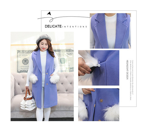 Trendy Blue Pure Color Decorated Large Thicken Vest,Coat-Jacket