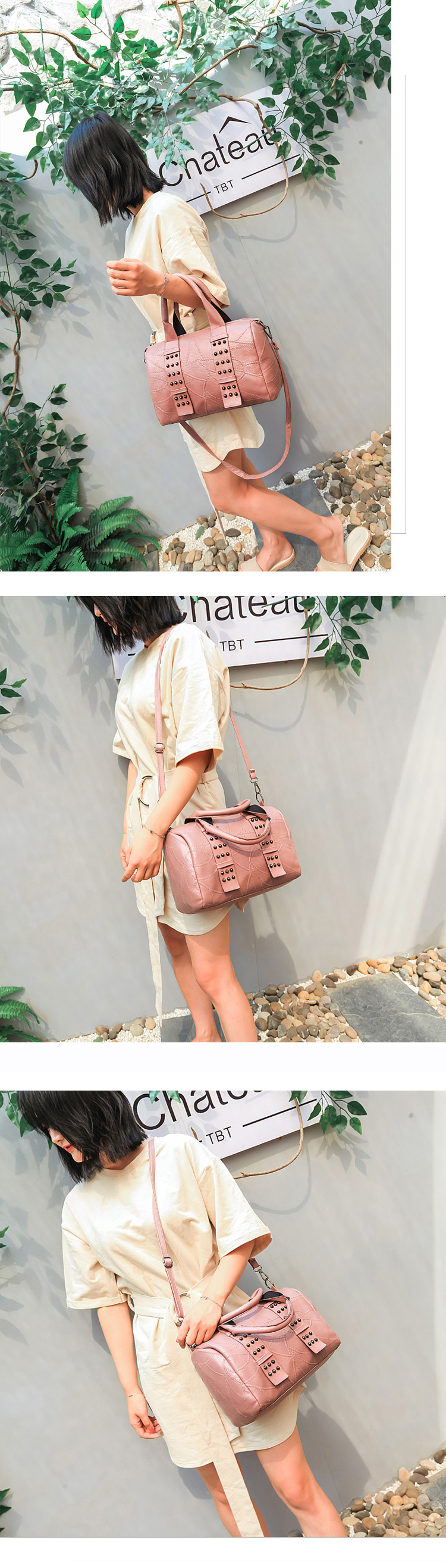 Fashion Pink Rivet Pattern Decorated Pure Color Shoulder Bag,Handbags