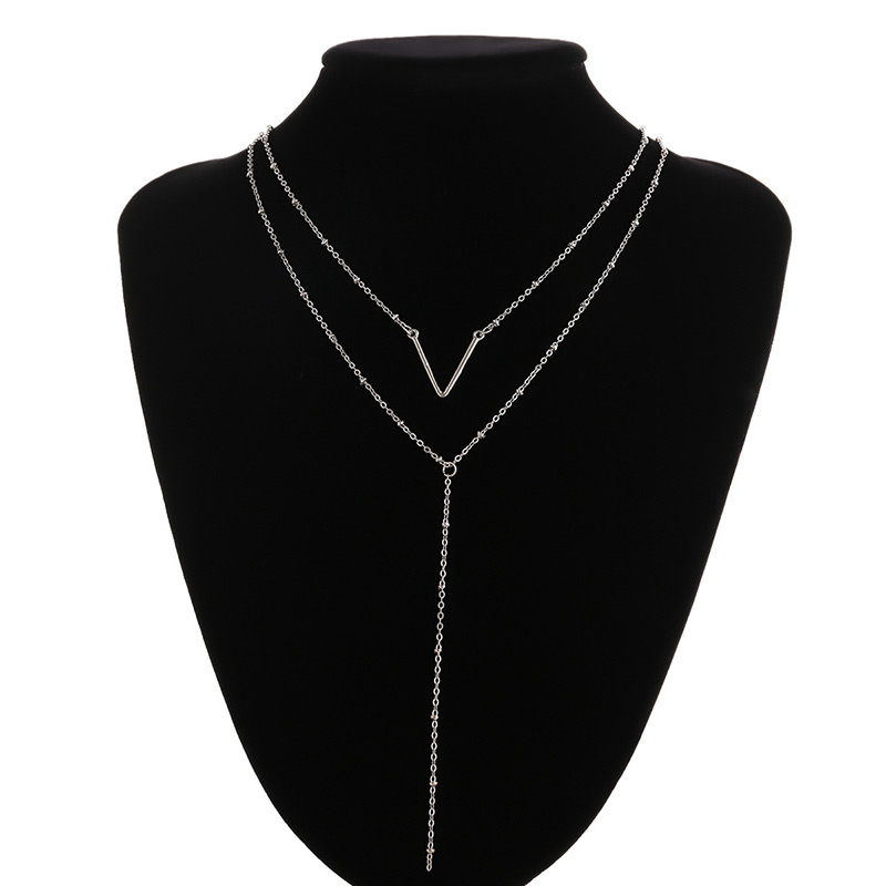 Fashion Silver Color V Shape Decorated Double-layer Necklace,Multi Strand Necklaces
