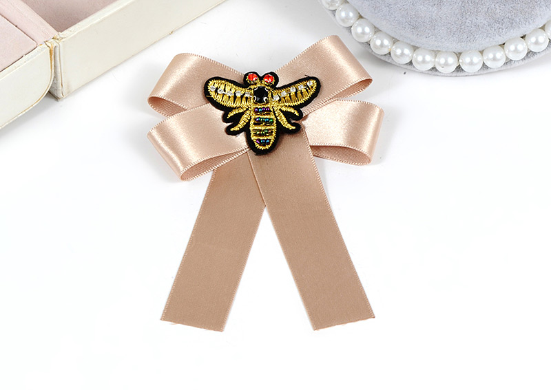 Trendy Beige Embroidered Bee Design Bowknot Brooch,Korean Brooches