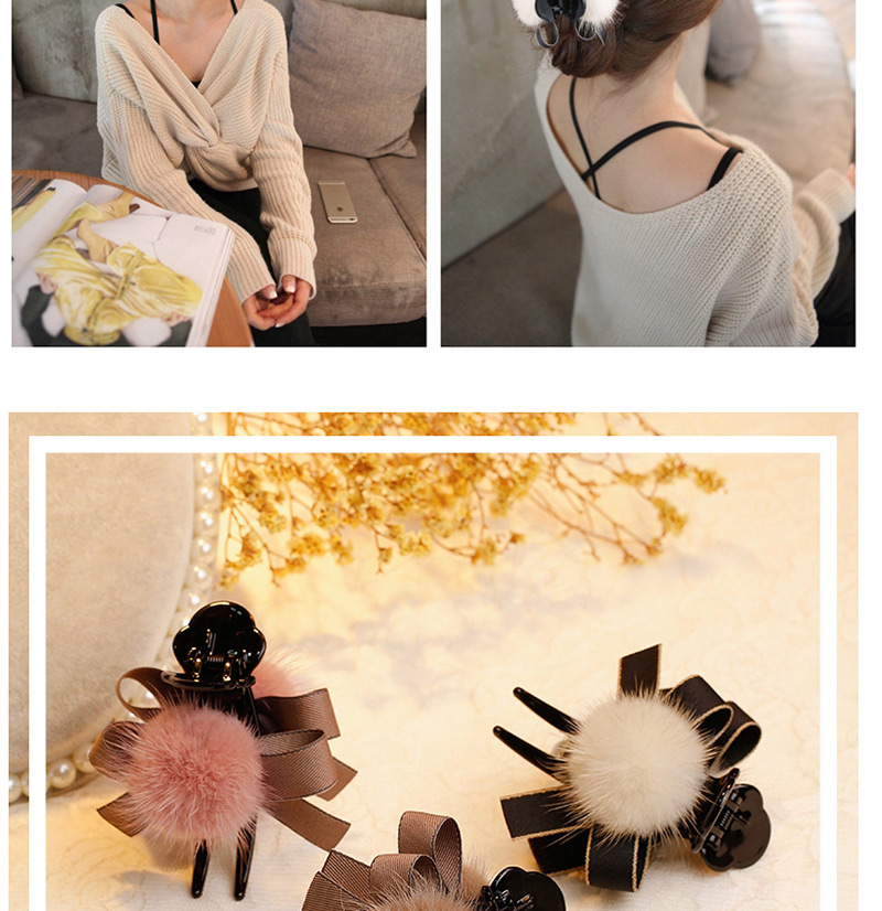 Fashion Khaki Fuzzy Ball Decorated Pom Hair Clip,Hair Claws