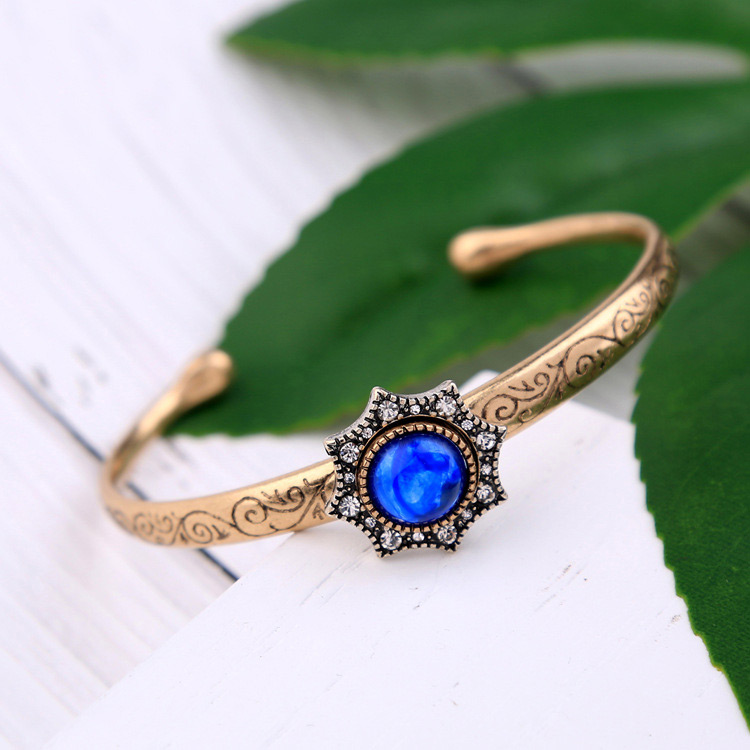 Vintage Blue+gold Color Round Shape Gemstone Decorated Bracelet,Fashion Bangles