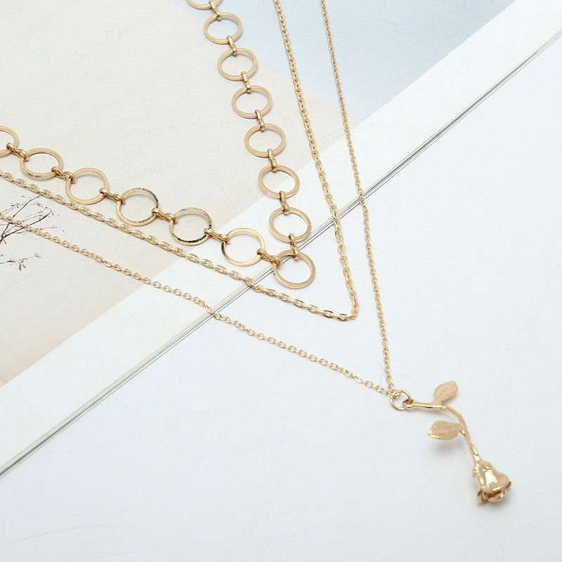 Elegant Gold Color Rose Shape Decorated Multilayer Necklace,Pendants