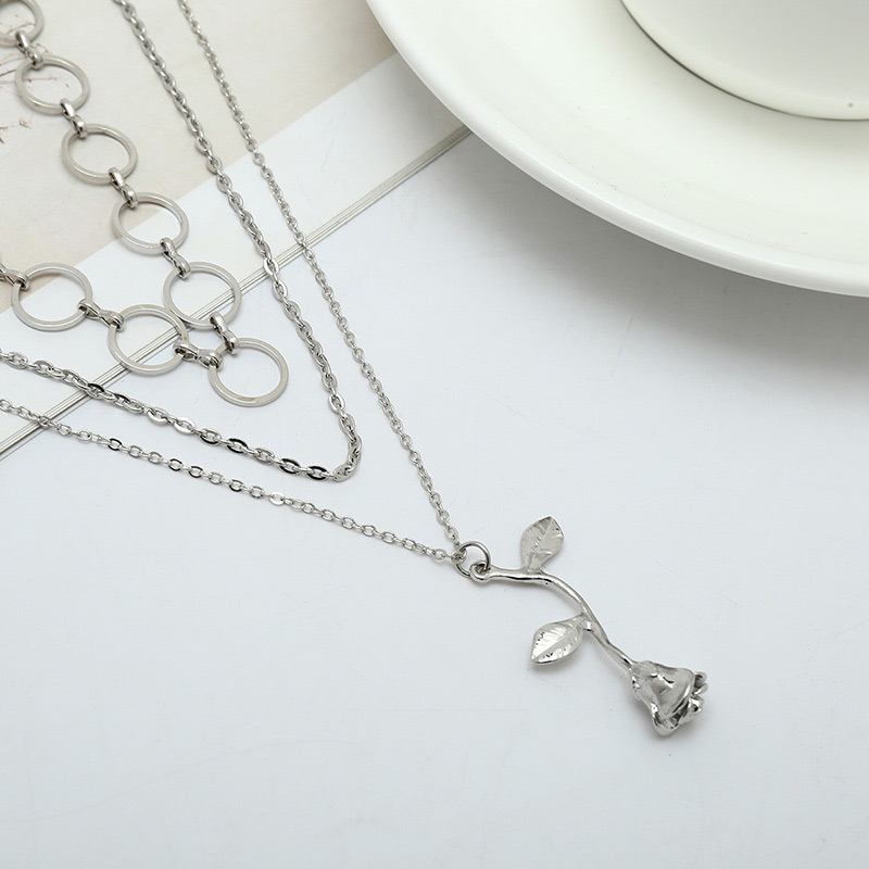 Elegant Silver Color Rose Shape Decorated Multilayer Necklace,Pendants