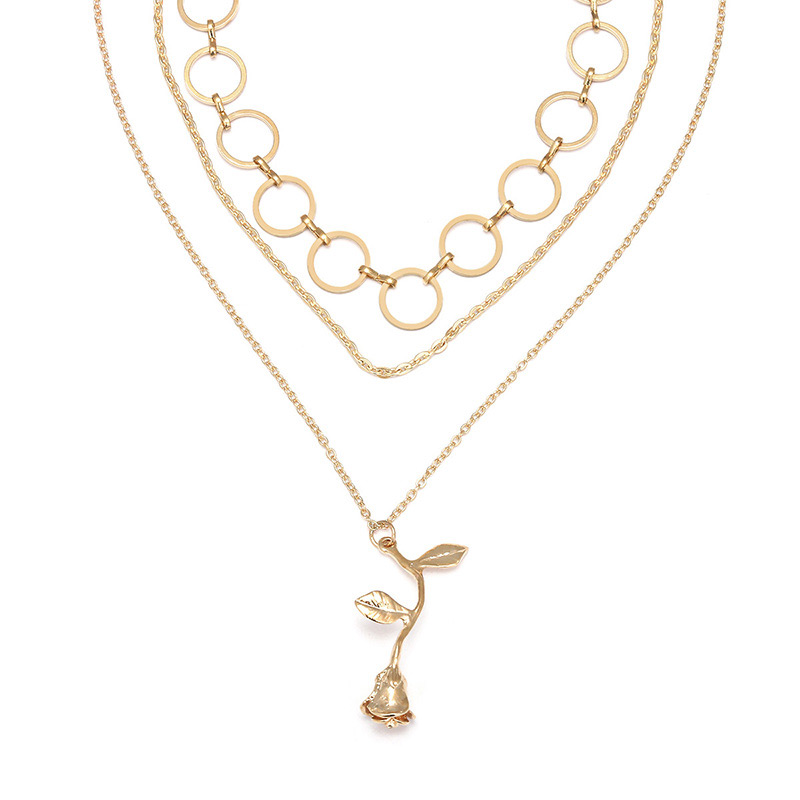 Elegant Gold Color Rose Shape Decorated Multilayer Necklace,Pendants