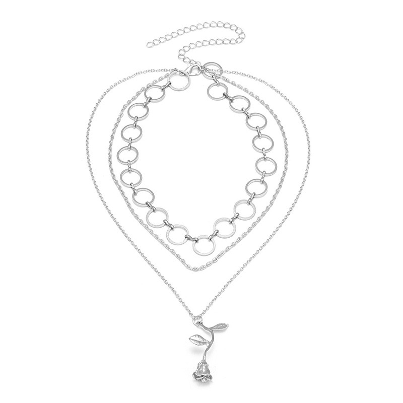 Elegant Silver Color Rose Shape Decorated Multilayer Necklace,Pendants
