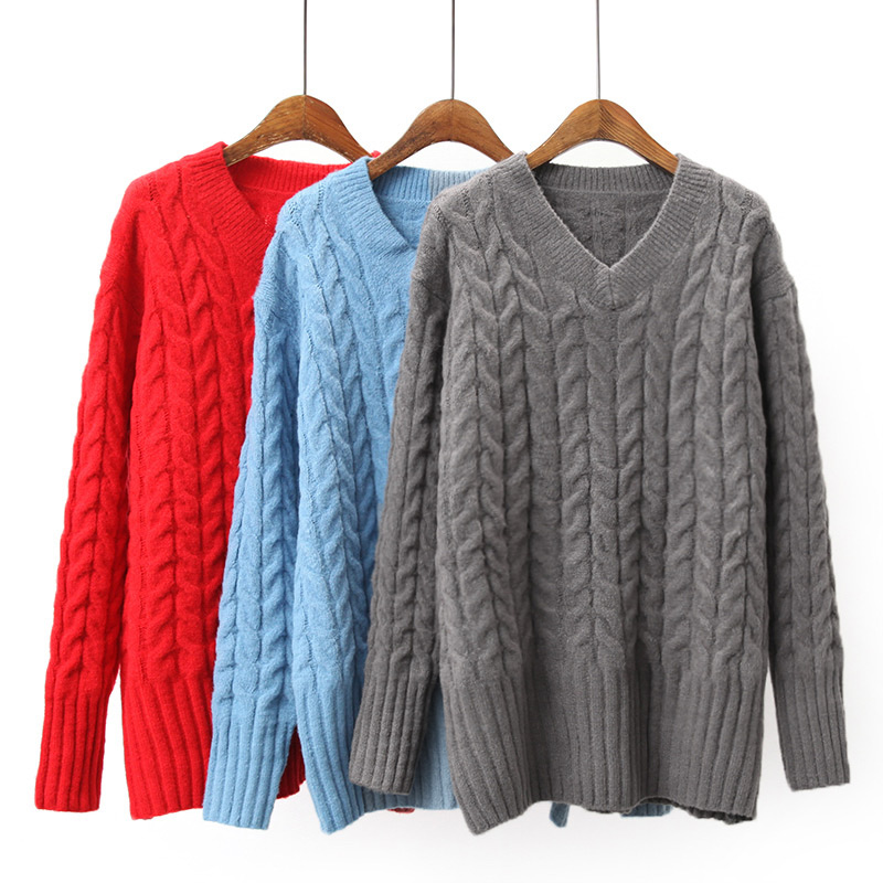 Fashion Blue Pure Color Design V Neckline Sweater,Sweater
