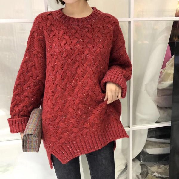 Fashion Red Round Neckline Design Pure Color Sweater,Sweater