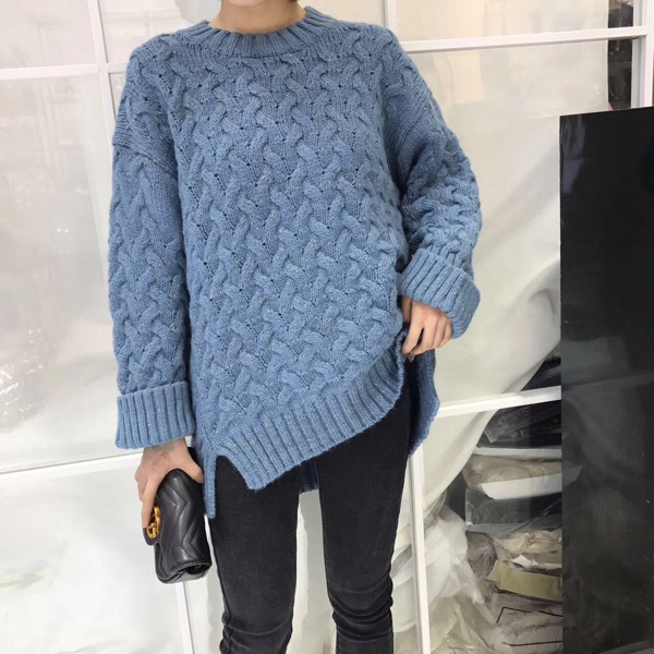 Fashion Blue Round Neckline Design Pure Color Sweater,Sweater