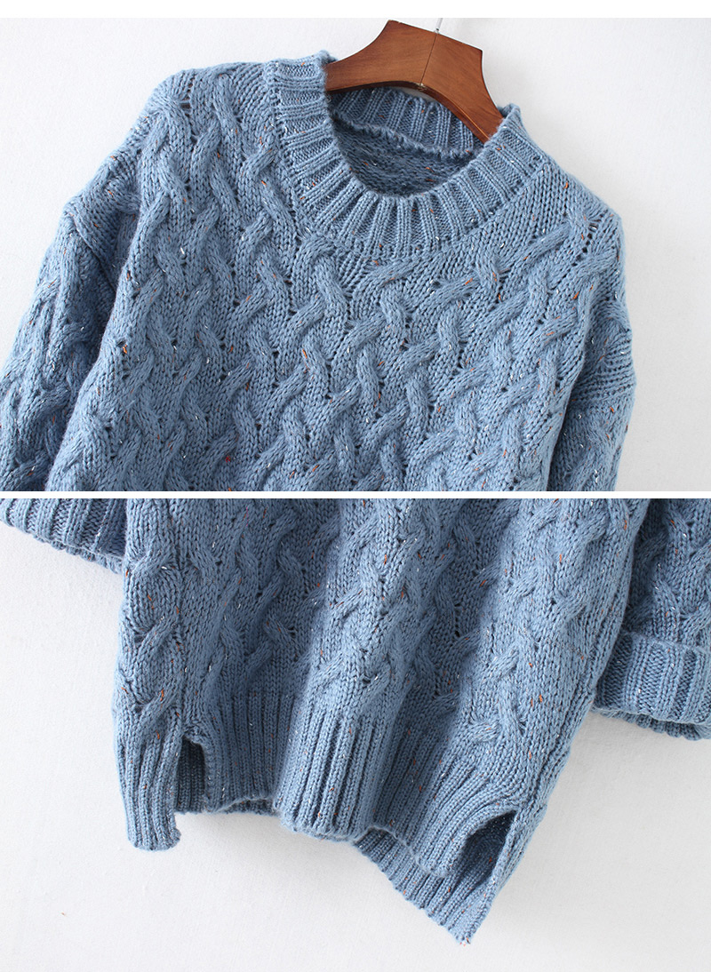 Fashion Blue Round Neckline Design Pure Color Sweater,Sweater