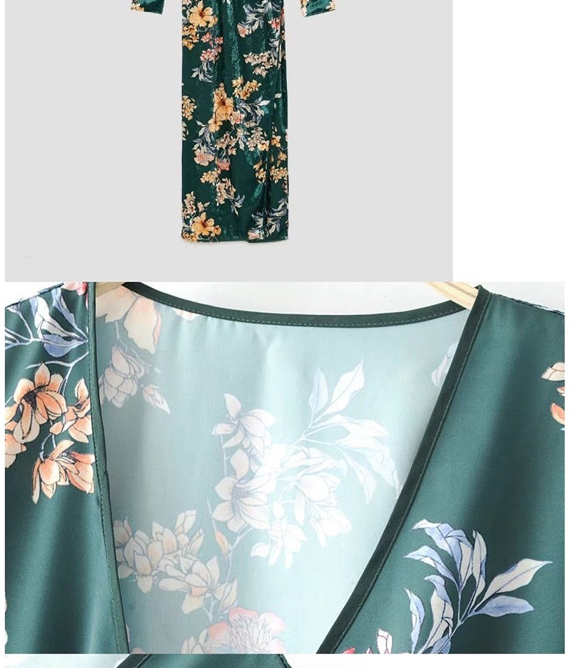 Fashion Green Flower Pattern Decorated V Neckline Dress,Coat-Jacket