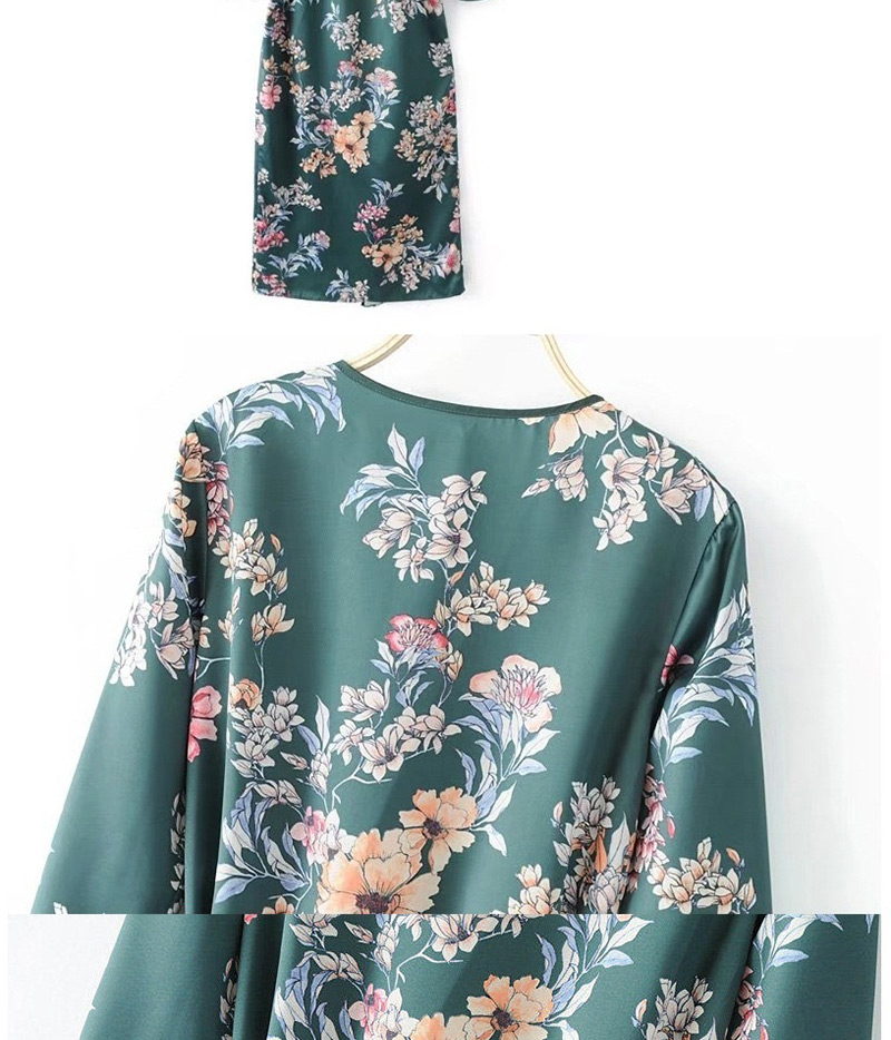 Fashion Green Flower Pattern Decorated V Neckline Dress,Coat-Jacket