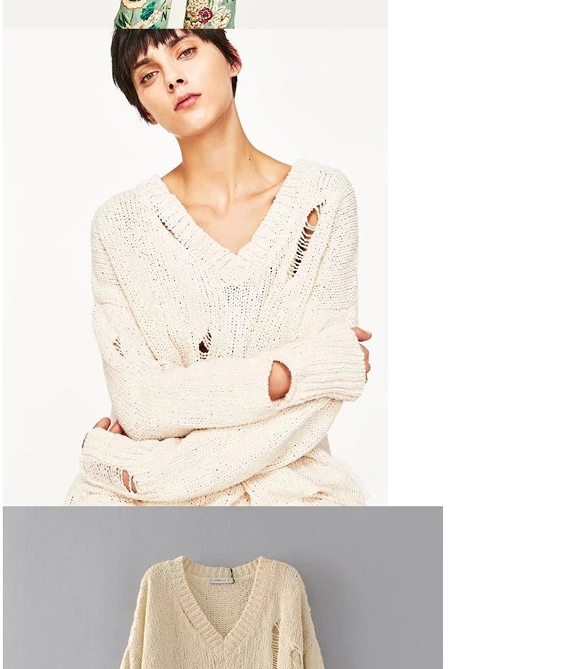 Fashion Beige Pure Color Decorated Holes Design Sweater,Sweater
