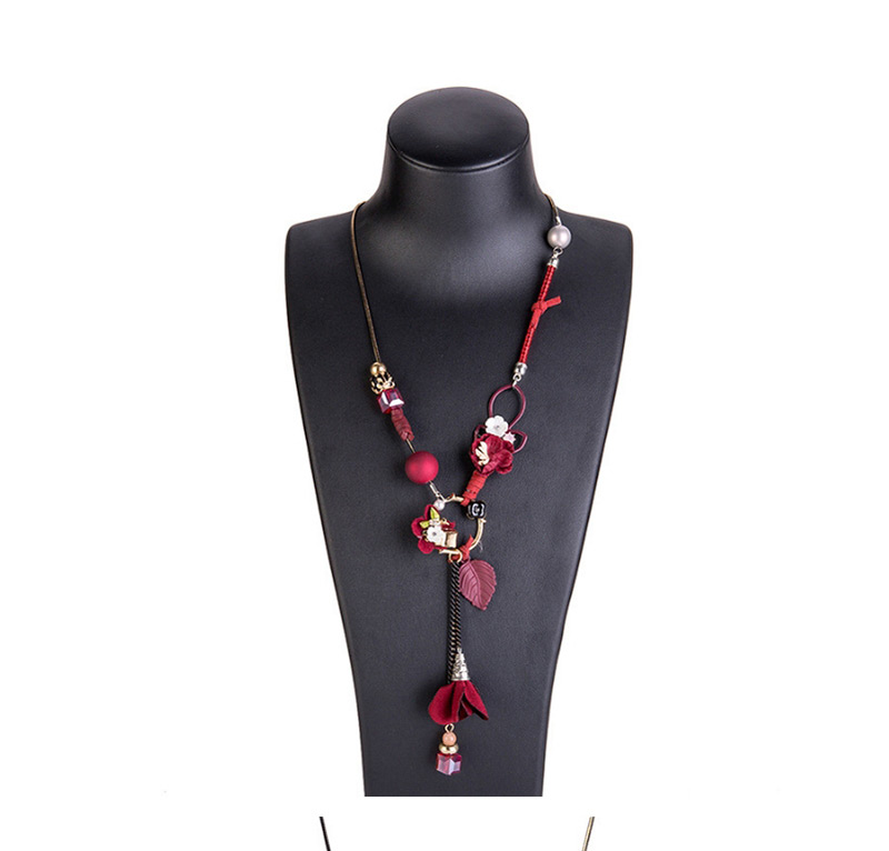 Fashion Red Flower Pendant Decorated Long Necklace,Multi Strand Necklaces