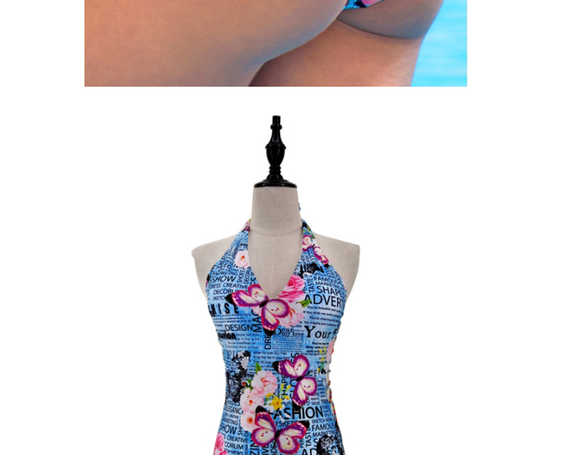 Sexy Blue Flower Pattern Decorated V Neckline Swimwear,One Pieces