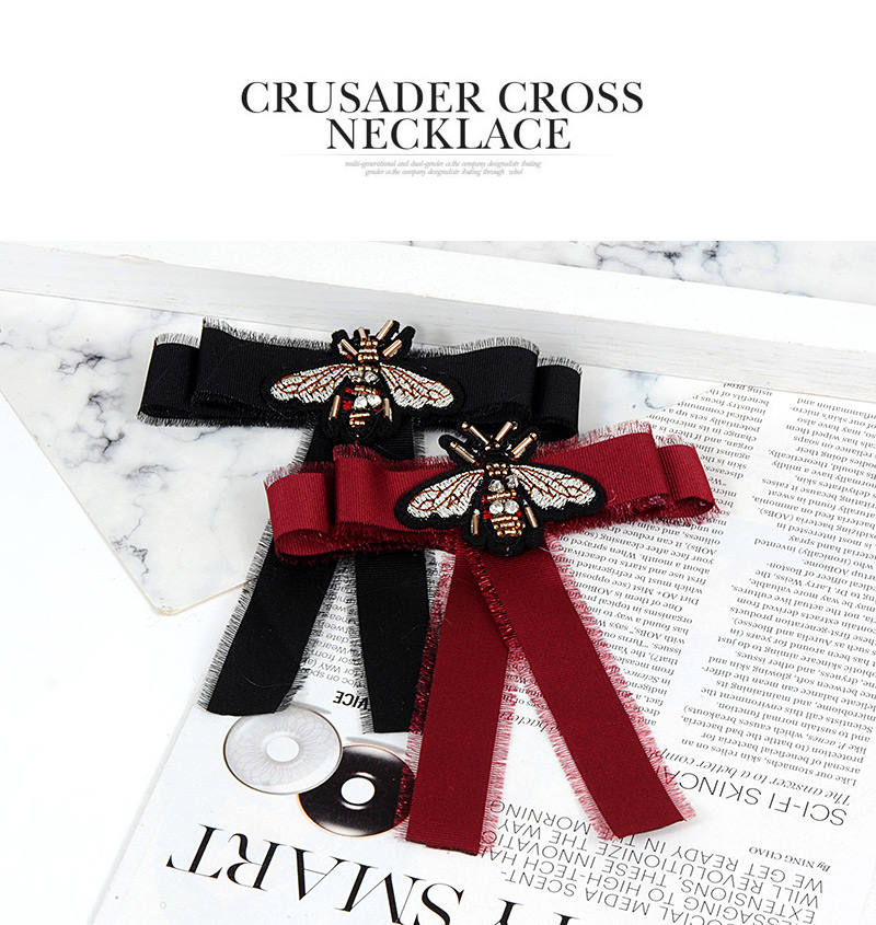 Trendy Black Embroidered Bee Decorated Bowknot Brooch,Korean Brooches