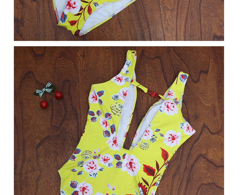 Fashion Yellow Flower Pattern Decorated Swimwear,One Pieces