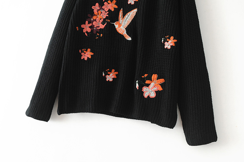 Fashion Black Flower Pattern Decorated Blouse,Sweater