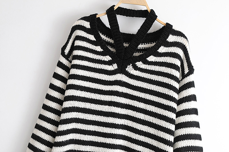 Fashion Black+white Stripe Pattern Decorated Sweater,Sweater