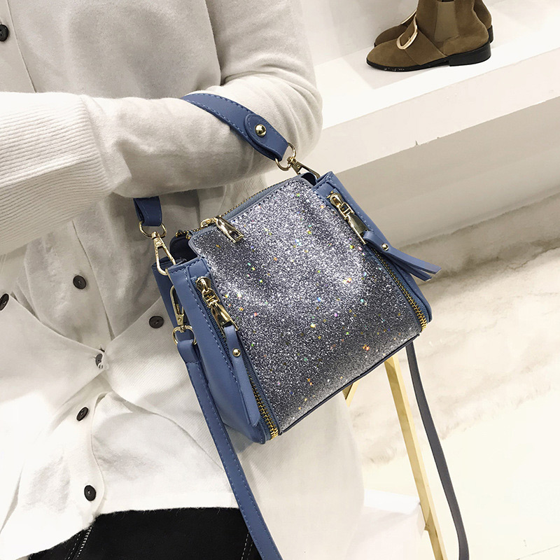 Fashion Blue Double Zipper Decorated Square Shape Shoulder Bag,Shoulder bags