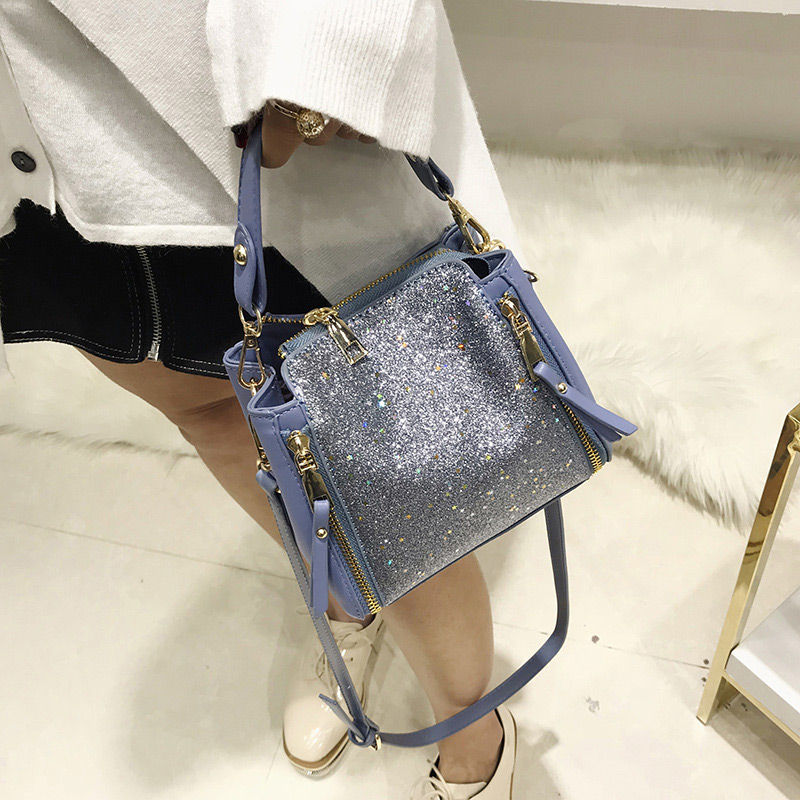 Fashion Blue Double Zipper Decorated Square Shape Shoulder Bag,Shoulder bags
