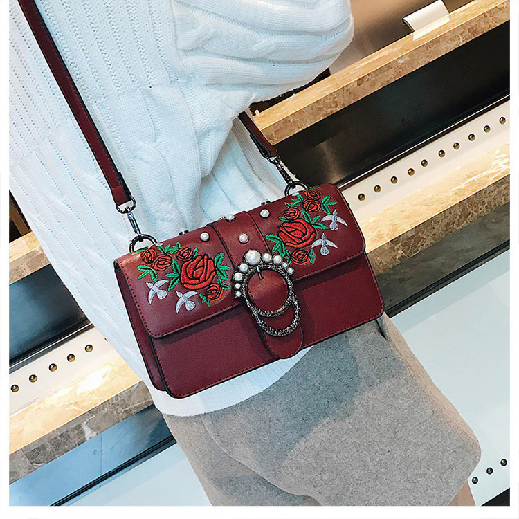 Fashion Red Embroidered Flowers Decorated Shoulder Bag,Shoulder bags
