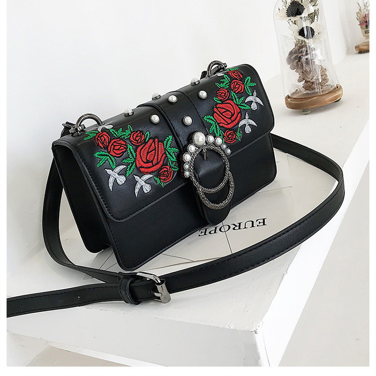 Fashion Black Embroidered Flowers Decorated Shoulder Bag,Shoulder bags