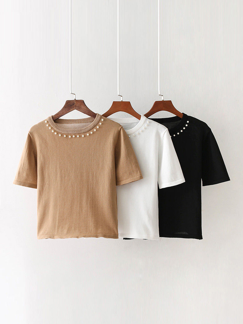Fashion Beige Pearls Decorated Round Neckline Knitting Shirt,Sweater