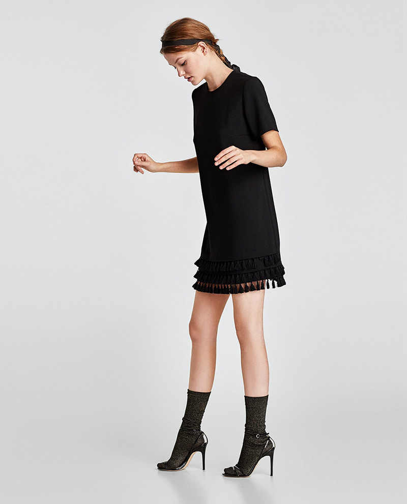 Fashion Black Tassel Decorated Short Sleeves Dress,Mini & Short Dresses
