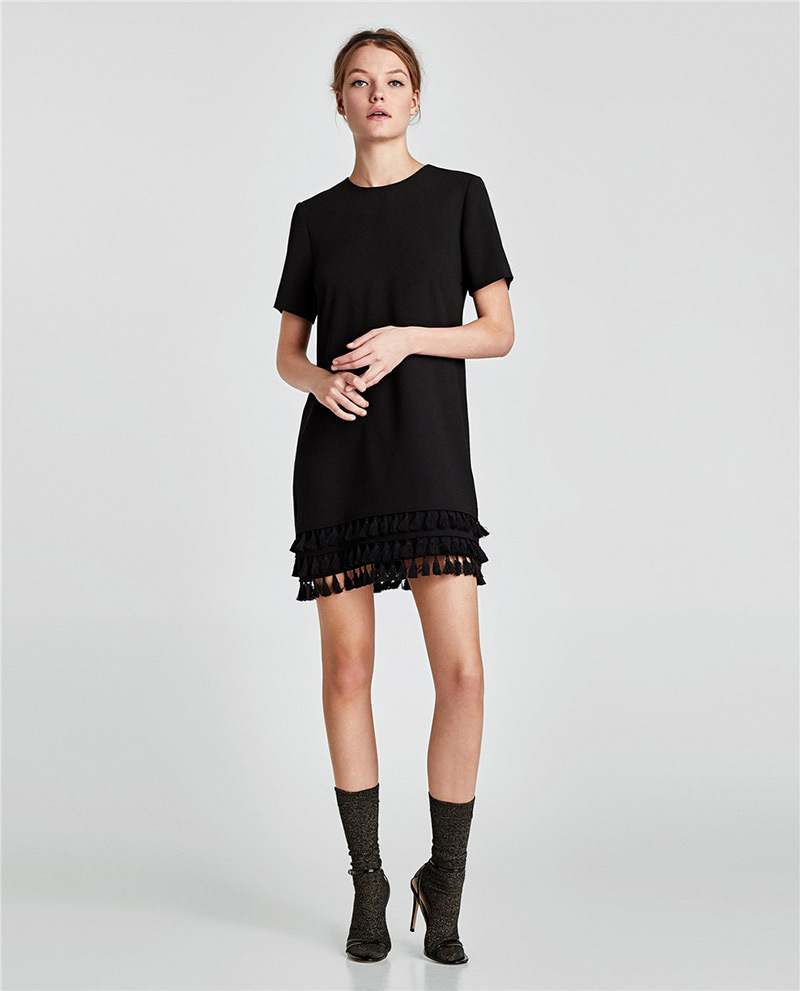 Fashion Black Tassel Decorated Short Sleeves Dress,Mini & Short Dresses