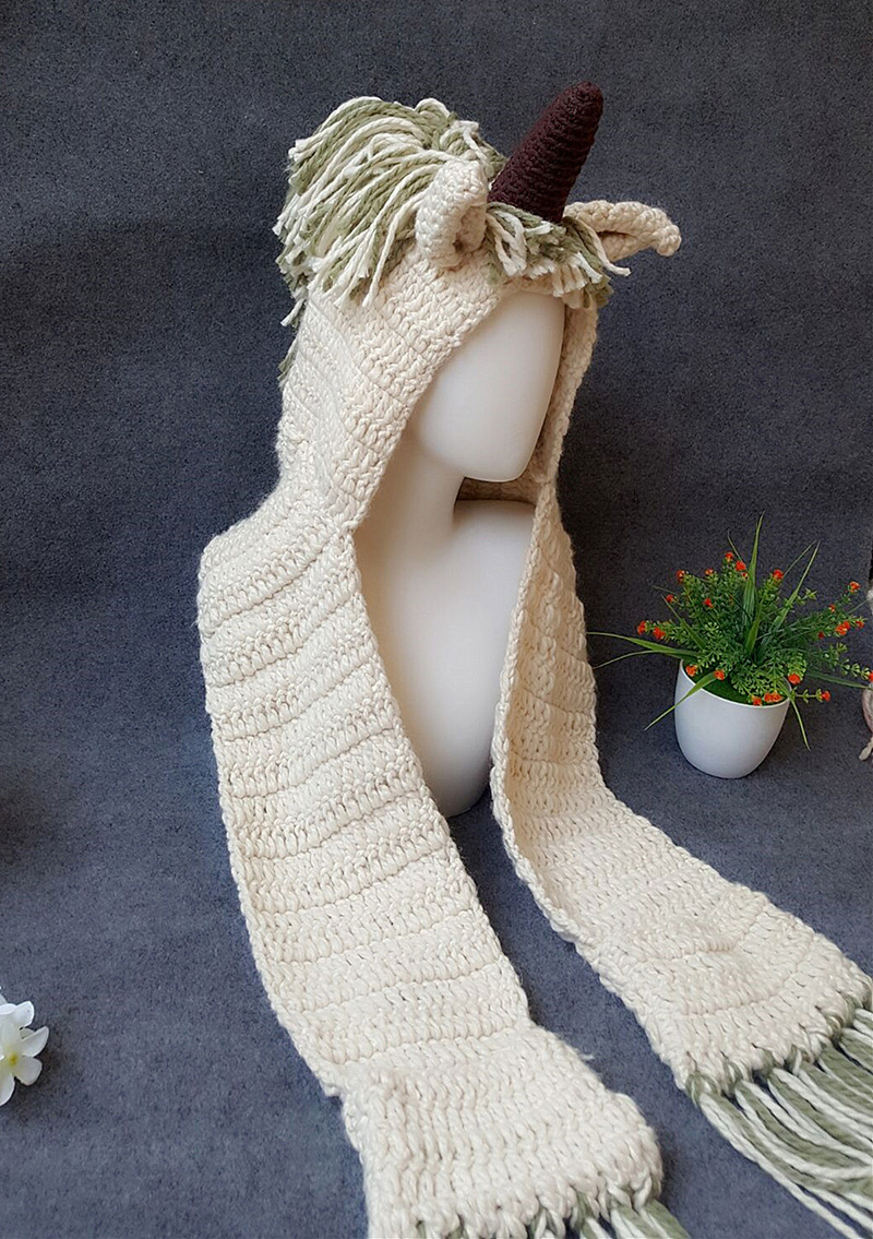 Fashion Beige Unicorn Shape Decorated Cloak Cap,knitting Wool Scaves