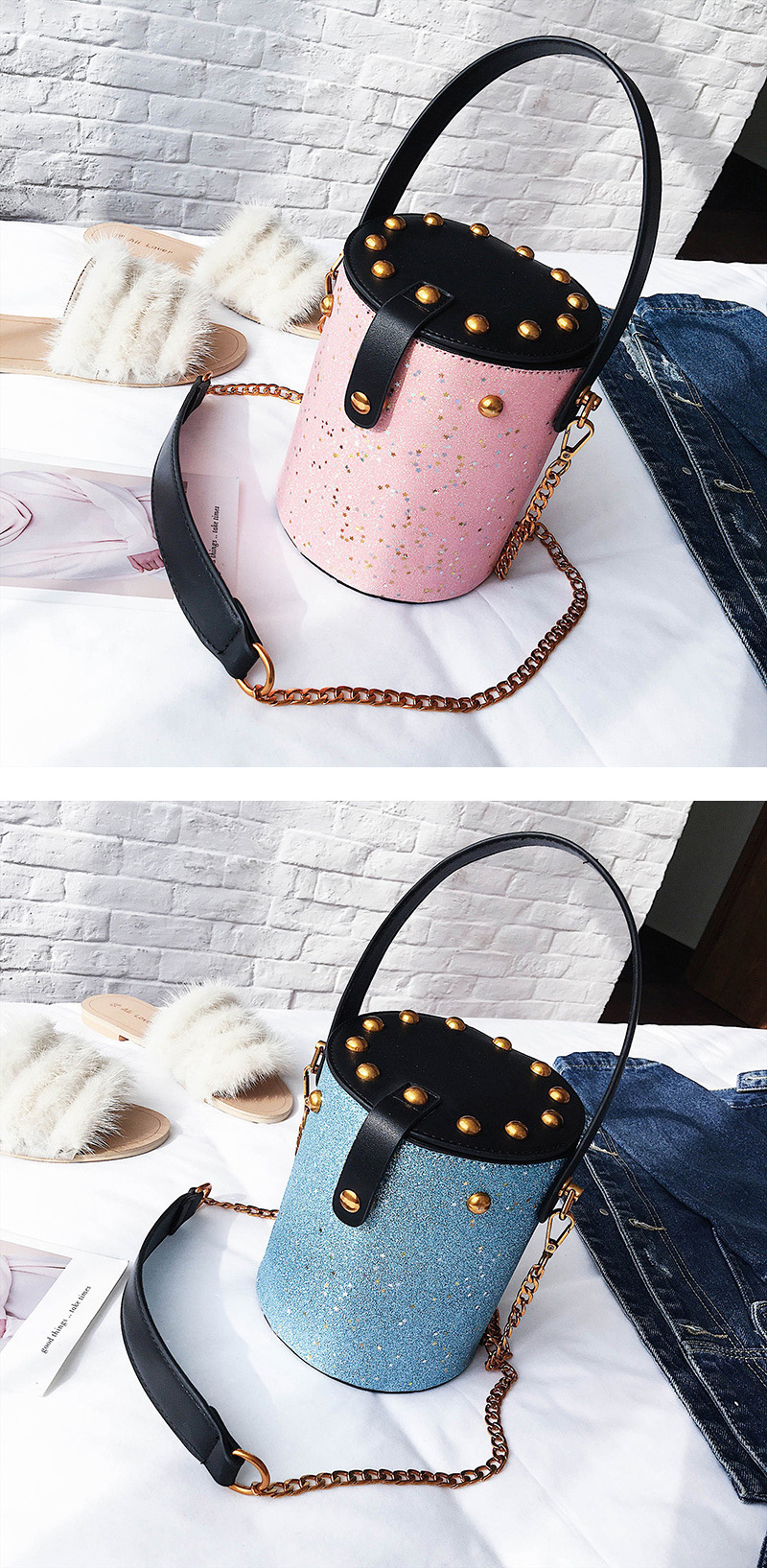 Fashion Black Bucket Shape Decorated Bag,Handbags
