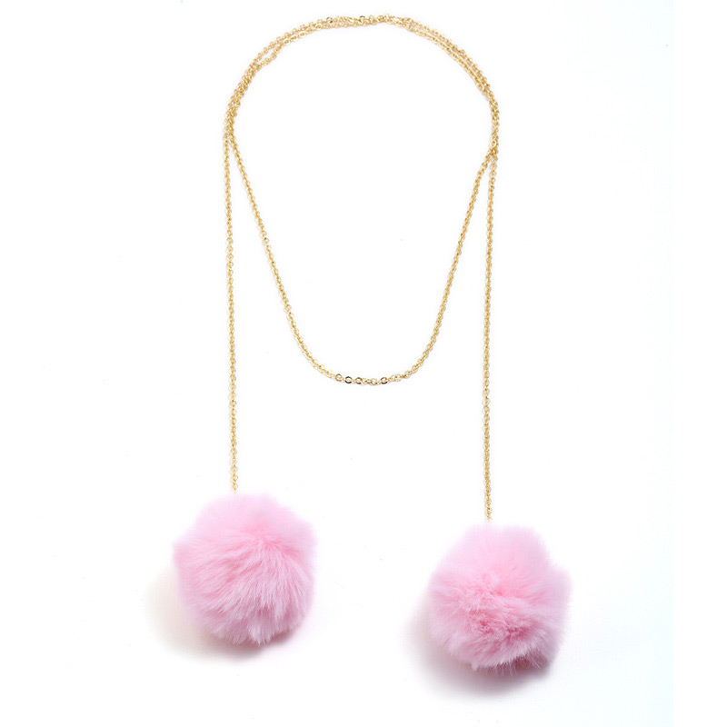 Fashion Pink Pure Color Decorated Pom Necklace,Multi Strand Necklaces