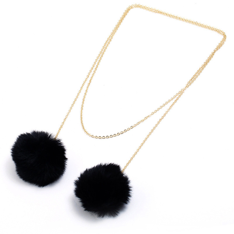 Fashion Black Pure Color Decorated Pom Necklace,Multi Strand Necklaces