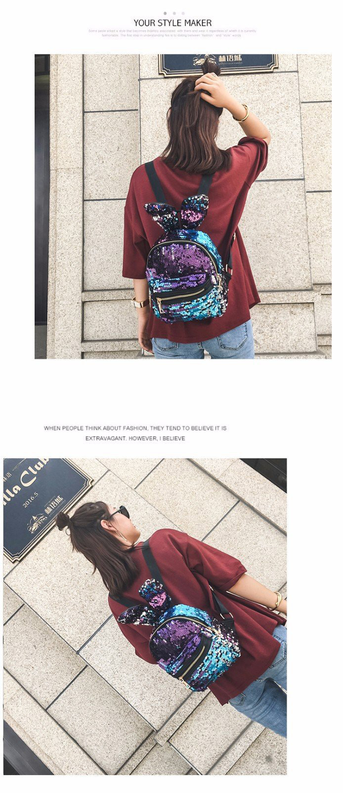 Lovely Black+plum-red Rabbit Ears Shape Decorated Backpack,Backpack