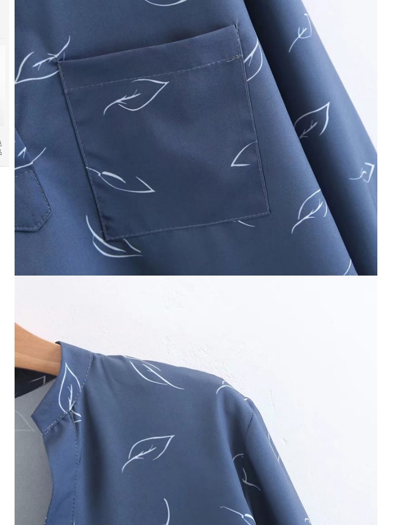 Elegant Blue Leaf Pattern Decorated Shirt,Coat-Jacket