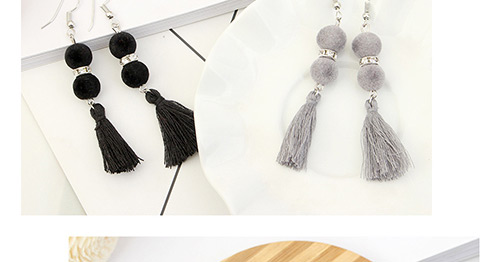 Bohemia Gray Fuzzy Ball Decorated Tassel Earrings,Drop Earrings