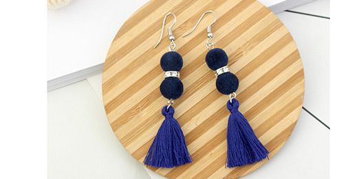 Bohemia Sapphire Blue Fuzzy Ball Decorated Tassel Earrings,Drop Earrings