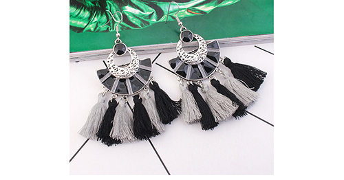 Bohemia Gray Fan Shape Decorated Tassel Earrings,Drop Earrings