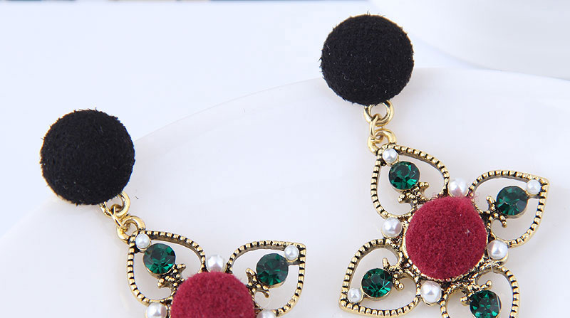 Sweet Red+black Clover Shape Decorated Pom Earrings,Drop Earrings