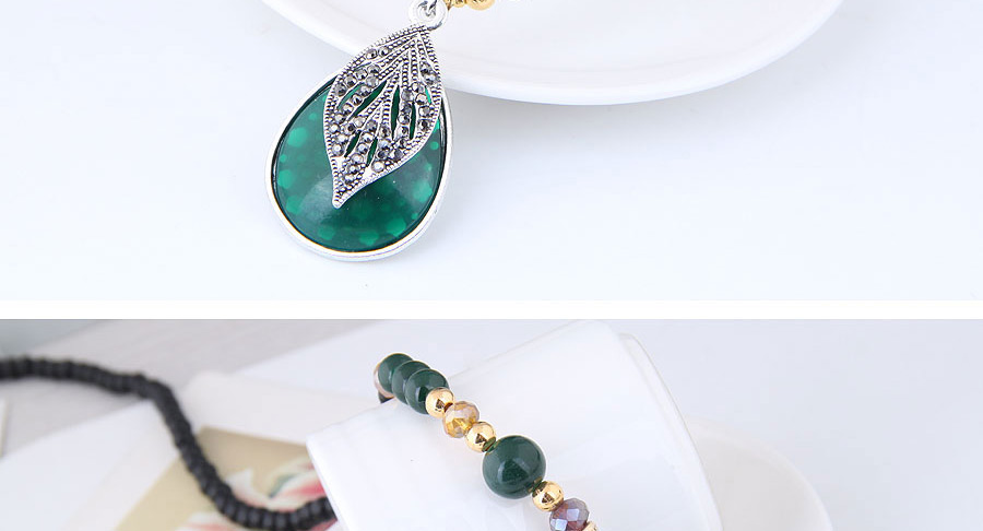 Elegant Green+black Leaf Pendant Decorated Long Necklace,Pendants