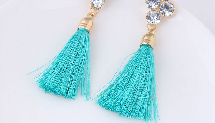 Elegant Blue Diamond Decorated Long Tassel Earrings,Drop Earrings