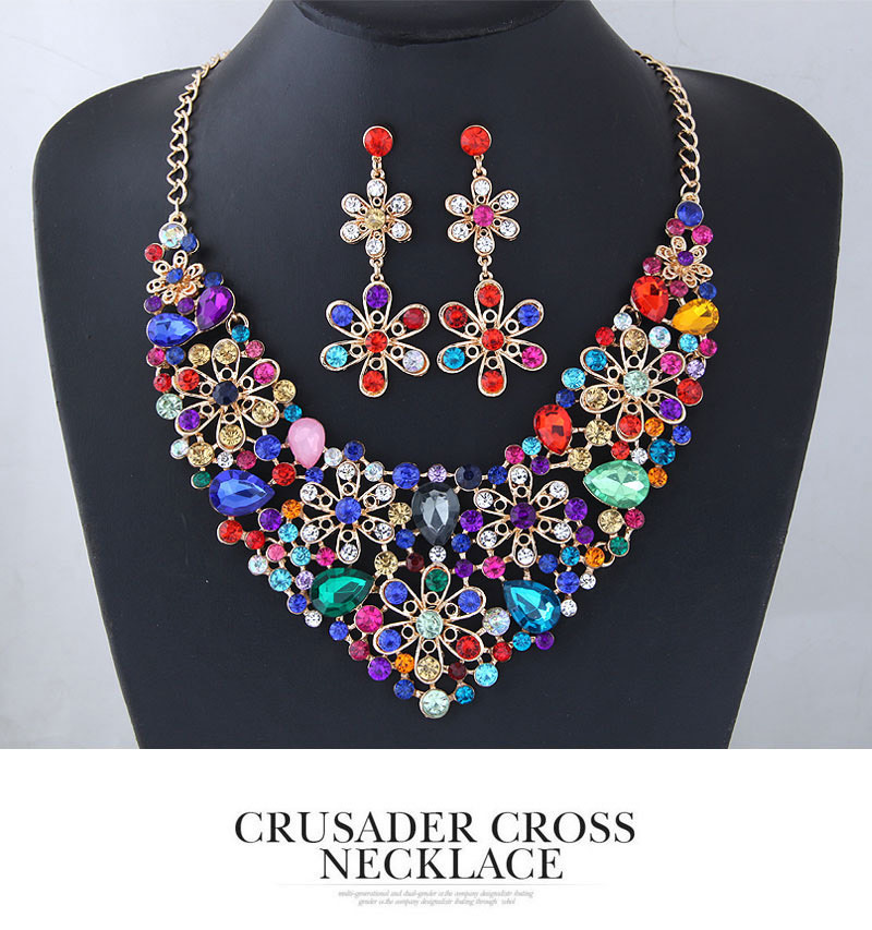 Fashion Multi-color Full Diamond Decorated Flower Shape Jewelry Sets,Jewelry Sets