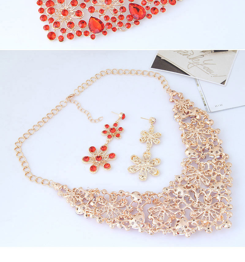 Fashion Red Full Diamond Decorated Flower Shape Jewelry Sets,Jewelry Sets