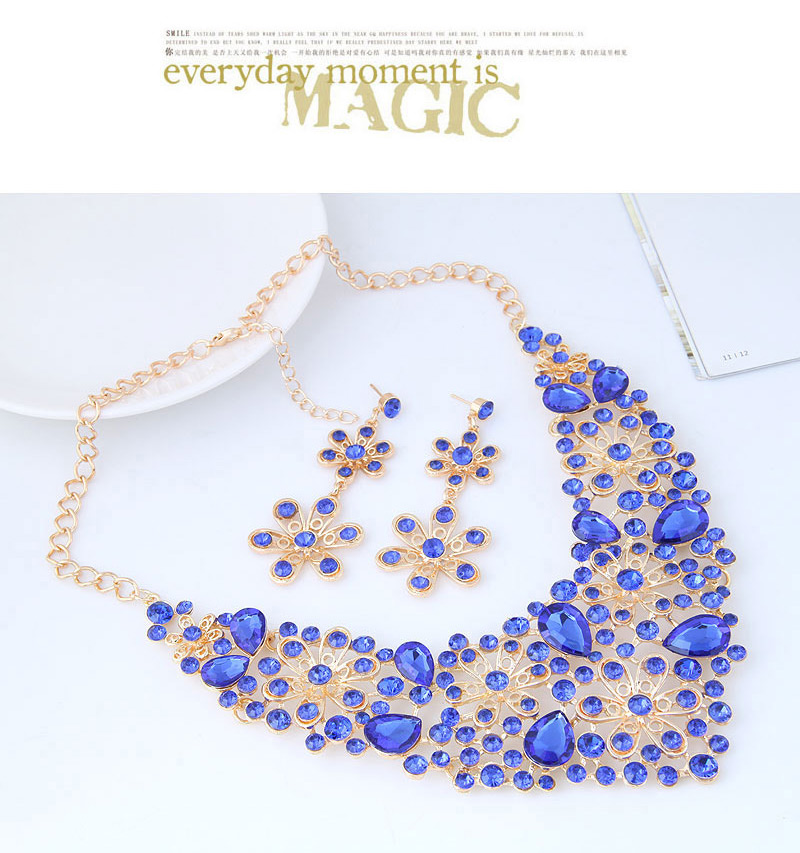Fashion Blue Full Diamond Decorated Flower Shape Jewelry Sets,Jewelry Sets