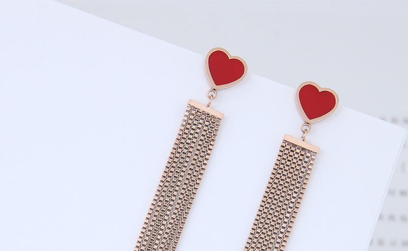 Fashion Red+rose Gold Heart Shape Decorated Tassel Earrings,Earrings
