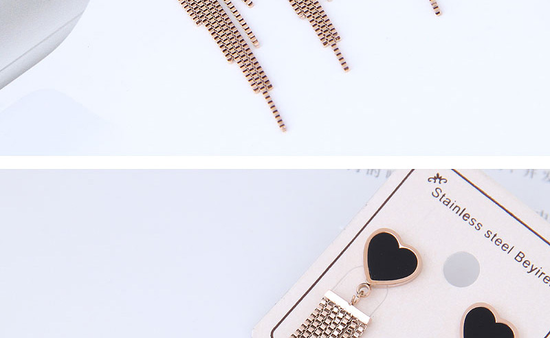 Fashion Black+rose Gold Heart Shape Decorated Tassel Earrings,Earrings