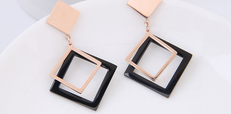 Fashion Rose Gold+black Hollow Out Design Square Earrings,Earrings